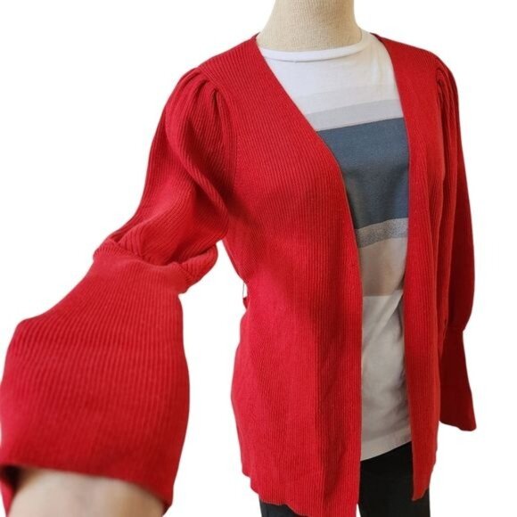 Cabi Sweater Womens Red Cardigan Cabaret Ribbed Cotton Balloon - Picture 2 of 13